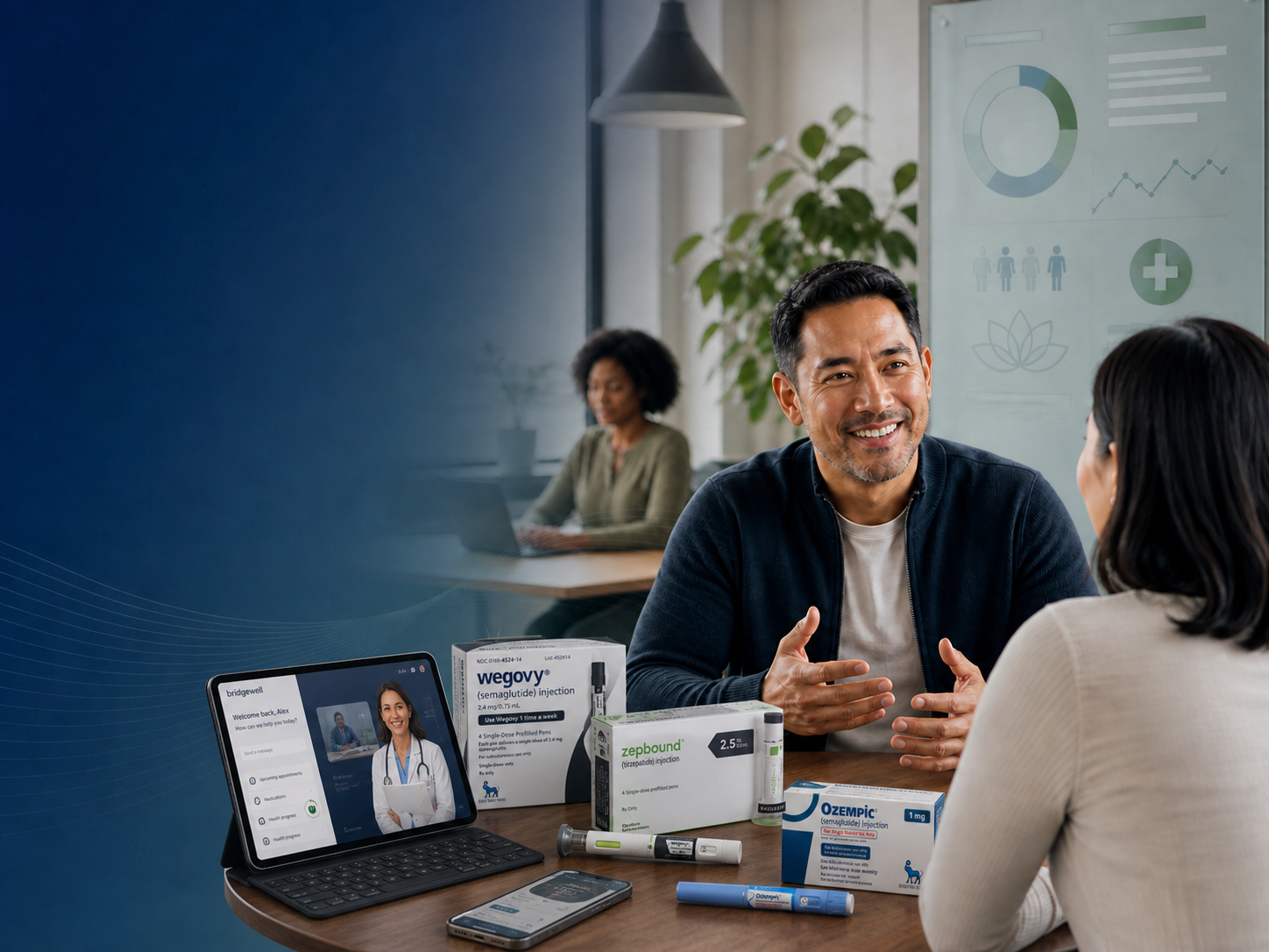 A BridgeWell member in a guided telehealth consultation with their clinician — supported by the wider care team