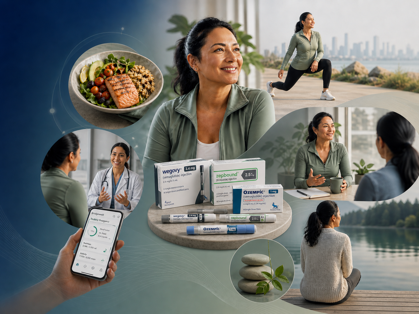 A BridgeWell member walking with their app open — daily progress, wellness tracking, and ongoing momentum