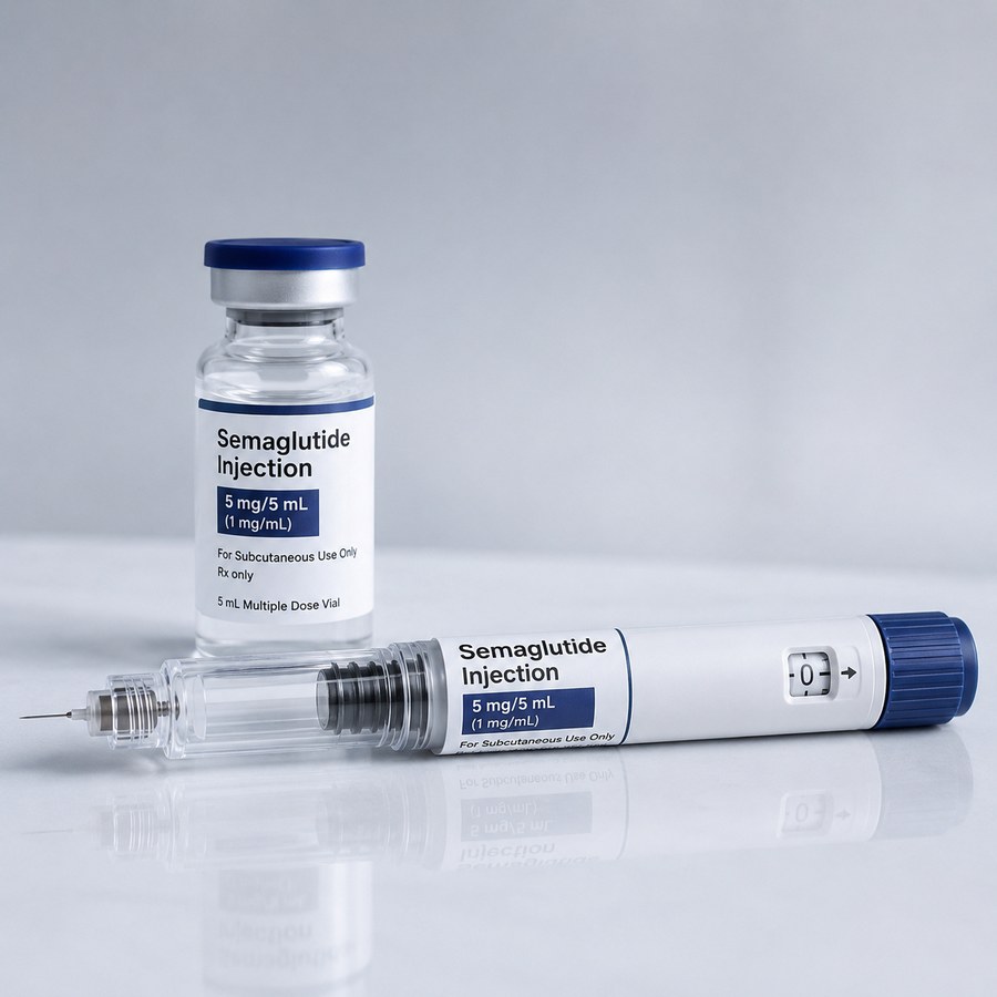 Compounded semaglutide injection — vial and prefilled pen, BridgeWell product photo