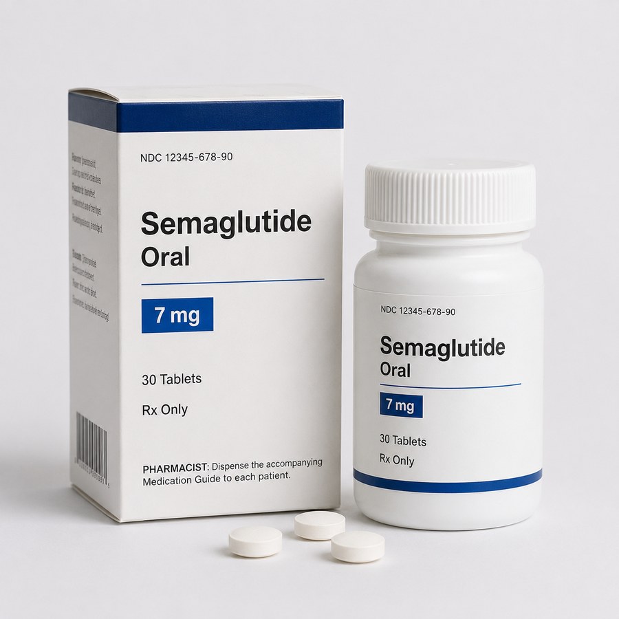 Compounded oral semaglutide tablets — carton, bottle, and tablets, BridgeWell product photo